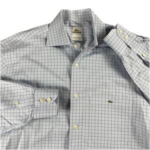 Lacoste Long Sleeve Button Up Dress Shirt Size 42 Blue Check Pattern Starched